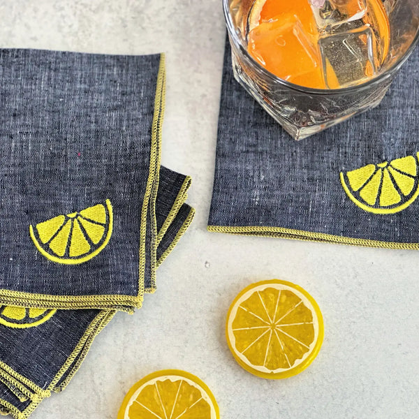 Lemon Embroidered Cocktail Napkin Set