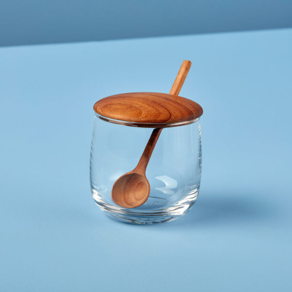 Teak-Lidded Glass Jar with Spoon